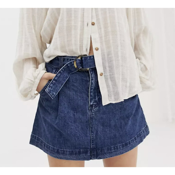 Free People Jade Denim Belted Pleat Front Skirt w/Pockets Indigo Blue SZ 26 NWT - Picture 11 of 11
